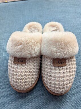 UGG Cozy Knit Shearling Cuff Slide Slippers Cream Beige Size 9